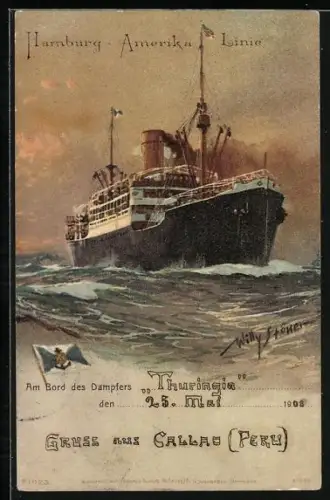 Künstler-AK Willy Stoewer: Dampfer der Hamburg-Amerika-Linie auf hoher See