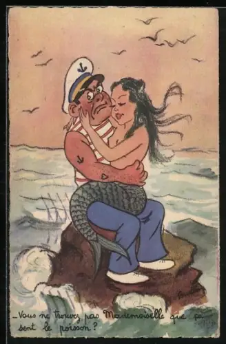 AK Matrose mit Nixe auf einem Felsen