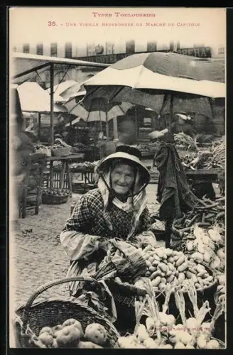 AK Toulouse, Une vieille Revendeuse du Marche du Capitole, alte Frau mit Kartoffeln und Gemüse, Stadttyp