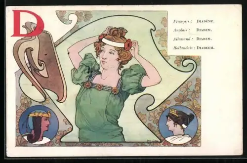 Künstler-AK Frau im grünen Kleid mit einem Blumen-Diadem, Jugendstil