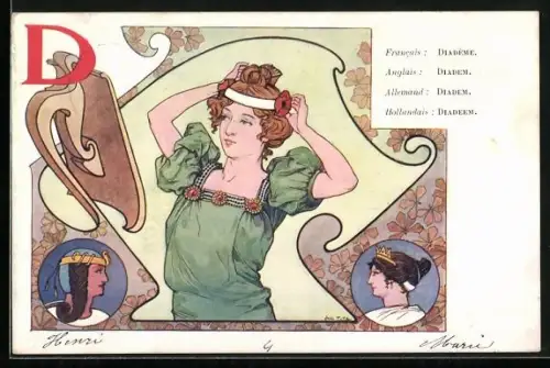 Künstler-AK Frau im grünen Kleid mit einem Blumen-Diadem, Jugendstil
