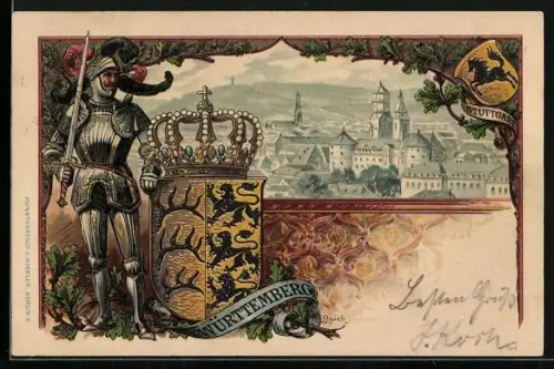 Lithographie Stuttgart, Teilansicht der Stadt, Wappen von Württemberg und Stuttgart