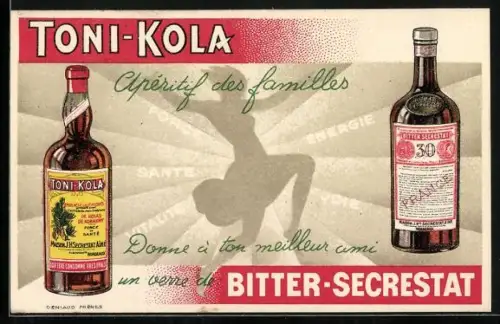 AK Toni-Kola und Bitter-Secrestat, Reklame für Aperitif und Magenbitter, Tanzende Frau zwischen zwei Flaschen