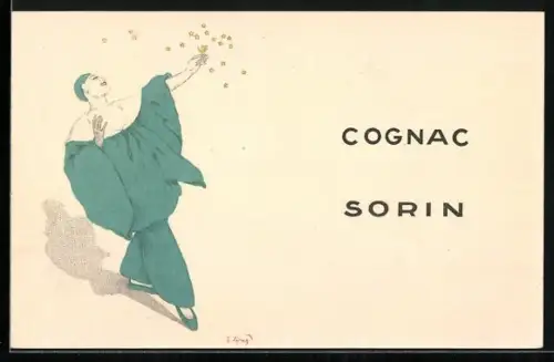 Künstler-AK sign. J. Spring: Reklame für Congnac Sorin, Harlekin mit einem Glas, Sterne