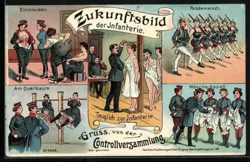 AK Zukunftsbild aus dem Heere, Frauen Gemessen, Tauglich zu jeder Truppe, Parademarsch, Am Querbaum, Wäsche-Appell