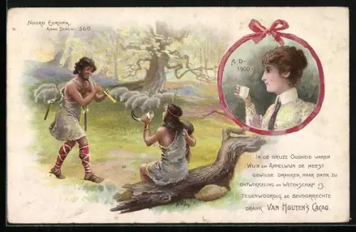 Lithographie Germanen trinken Wein und Apfelwein, 1900 wird Van Houten`s Cacao getrunken