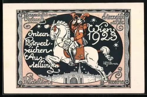Künstler-AK sign. L. Hesshaimer: Wien, Intern. Postwertzeichen- Ausstellung 1923, Mann mit Posthorn zu Pferde