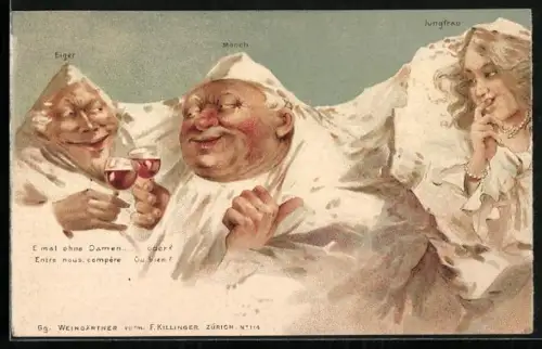 Künstler-AK Weingärtner vorm. Killinger Nr. 114: Eiger & Mönch geniessen Wein, vermenschlichte Berge, Berggesichter