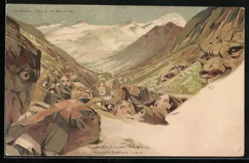 Lithographie Killinger Nr. 131, Le Chaos, Route de Gavarnje, Berg mit Gesicht / Berggesichter