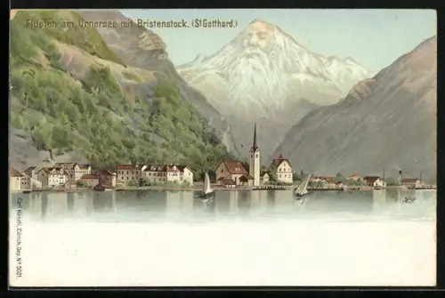 Lithographie Fluelen, Urnersee mit Bristenstock & vermenschlichtem Berg, Berggesichter