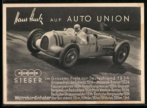 AK Rennfahrer Hans Stuck auf Auto Union, Sieger im Grossen Preis von Deutschland 1934