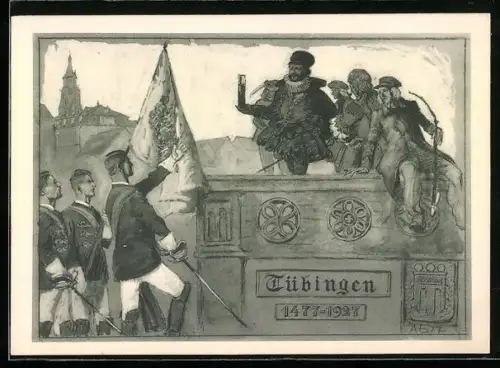 Künstler-AK Tübingen, 450 Jahre Universität 1477-1927, Burschenschafter mit Fahne