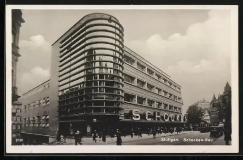 AK Stuttgart, Strassenbahn vor dem Schocken-Bau, Bauhaus
