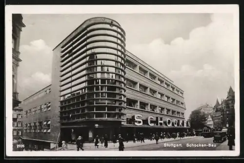 AK Stuttgart, Schocken-Bau mit Strassenbahn, Bauhaus