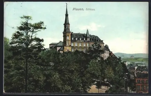 AK Plauen / Vogtland, Schloss und Teilansicht des Ortes