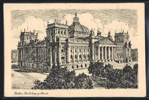 Künstler-AK Berlin-Tiergarten, Blick auf das Reichstagsgebäude