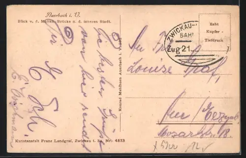AK Auerbach / Vogtland, Blick v. d. Moltke-Brücke n. d. inneren Stadt