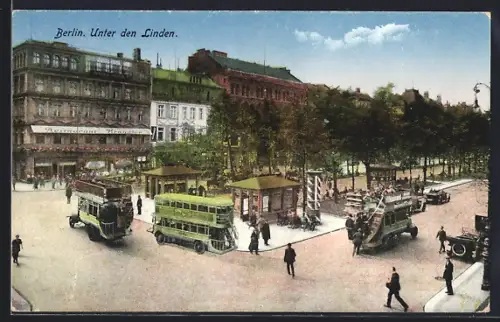 AK Berlin, Unter den Linden, Strassenansicht mit Doppeldeckerbussen und Geschäftshaus