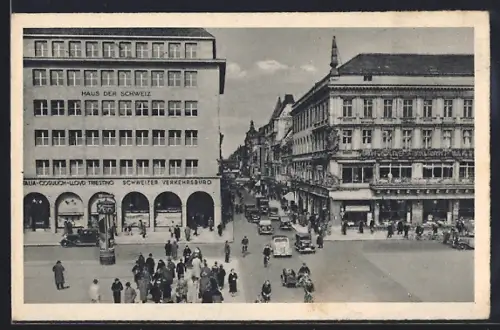 AK Berlin, Unter den Linden, Friedrichstrasse, Haus der Schweiz, Strassenverkehr