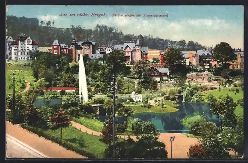 AK Aue / Erzgebirge, Carolateich-Anlage mit Bismarckstrasse