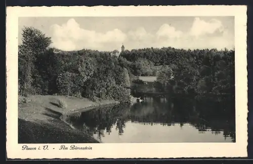 AK Plauen i. V., Am Bärenstein, Teich, Wald, Kirchturm