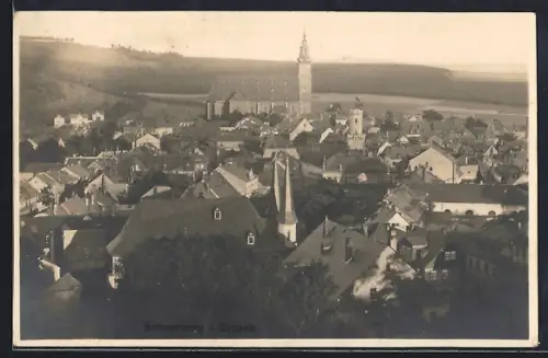 AK Schneeberg i. Erzgeb., Stadtansicht mit Kirche und Marktplatz