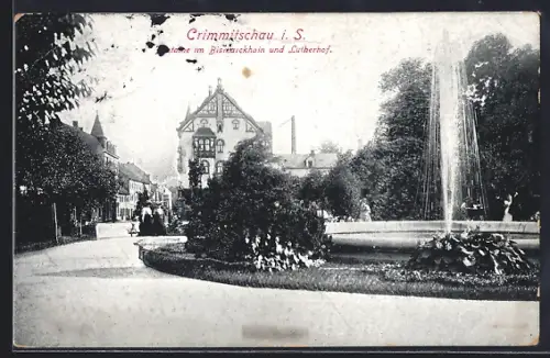 AK Crimmitschau i. S., Partie im Bismarckhain und Lutherhof