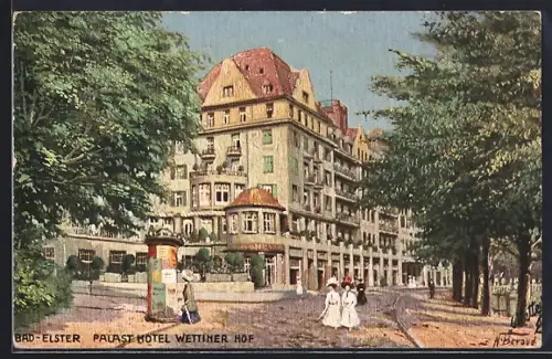 Künstler-AK Bad Elster, Palast Hotel Wettiner Hof