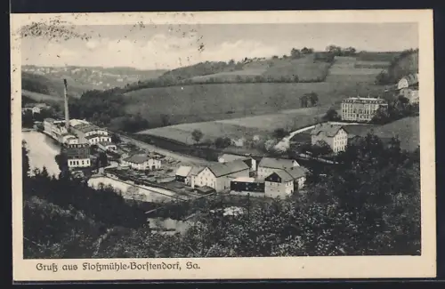 AK Flossmühle-Borstendorf /Sa., Fabrikanlagen und Ortsansicht
