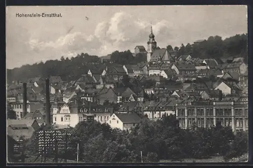 AK Hohenstein-Ernstthal, Stadtansicht mit Kirche und Fabrikgebäuden