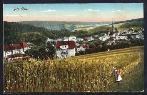 AK Bad Elster, Blick auf Stadt und Kirche vom Kornfeld