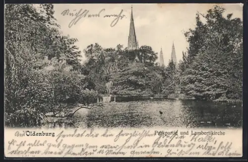 AK Oldenburg / O., Parkpartie und Lambertikirche