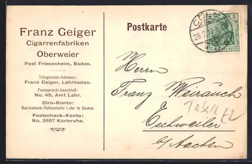 AK Oberweier / Lahr, Cigarrenfabriken Franz Geiger