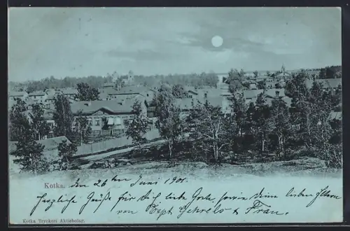 Mondschein-AK Kotka, Ortsansicht