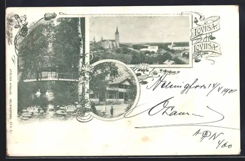 AK Lovisa, Ortspartien am Schwanenteich mit Brücke, Gebäude mit spielenden Kindern und Kirche