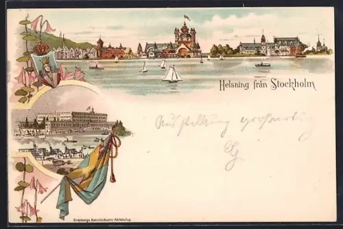 Lithographie Stockholm, Blick auf die Stadt vom Wasser aus mit Booten