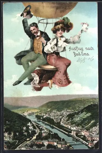 AK Bad Ems, Fliegende Menschen über der Stadt, Totalansicht mit Flusspartie