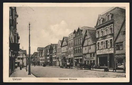AK Uelzen, Veersser Strasse mit Lederhandlung J. H. Meyer und Gasthaus