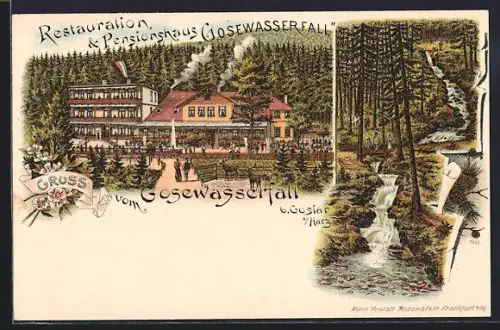 Lithographie Goslar a. Harz, Restauration & Pensionshaus Gosewasserfall