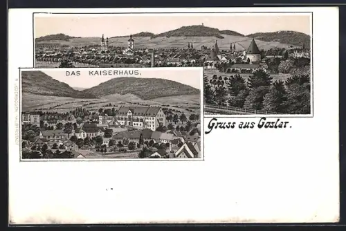 Lithographie Goslar, Kaiserhaus, Ortsansicht aus der Vogelschau