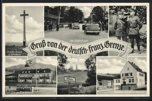 AK Saarbrücken, Zollamt und Restaurant Goldene Bremm, Schlagbau, Denkmal der 74er, Deutsch-franz. Grenze