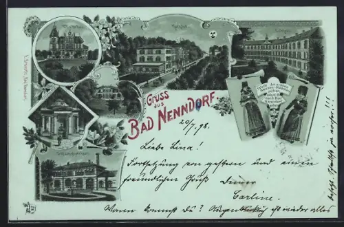 Mondschein-Lithographie Bad Nenndorf, Villa Dr. Ewe, Kurhaus, Badehaus, Schlammbadehaus, Schlösschen, Trinkquelle