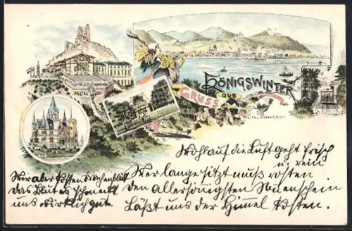 Lithographie Königswinter, Ortsansicht vom gegenüberliegenden Ufer aus, Bergbahn