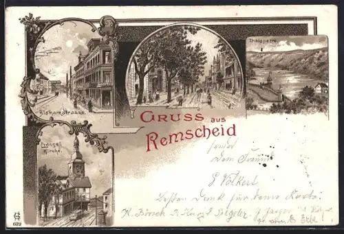 Lithographie Remscheid, Bismarckstrasse, Talsperre, Evangel. Kirche
