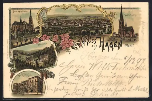 Lithographie Hagen / Westfalen, Lutherkirche, Gymnasium und Waldlust