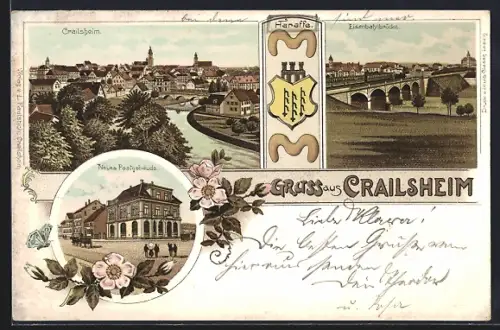 Lithographie Crailsheim, Stadtansicht, Eisenbahnviadukt, Neues Postgebäude