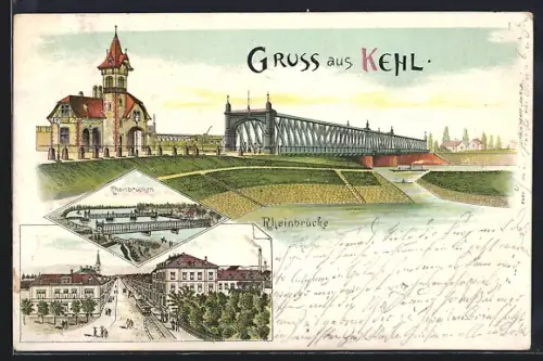 Lithographie Kehl, Rheinbrücke und Strassenansicht