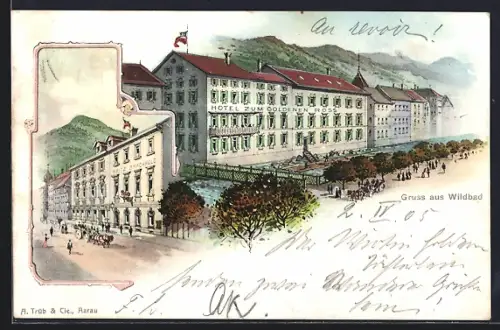 Lithographie Wildbad / Schwarzwald, Hotel zum Goldenen Ross, Fritz Brachold, Strassenansicht