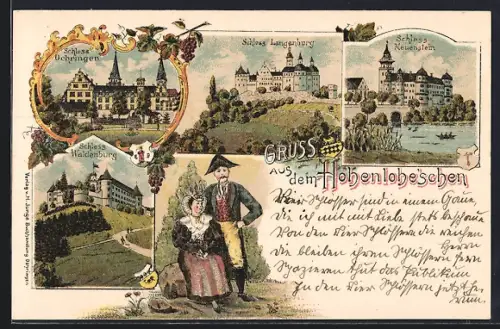 Lithographie Öhringen, Schlossansicht, Schloss Langenburg, Schloss Neuenstein und Schloss Waldenburg