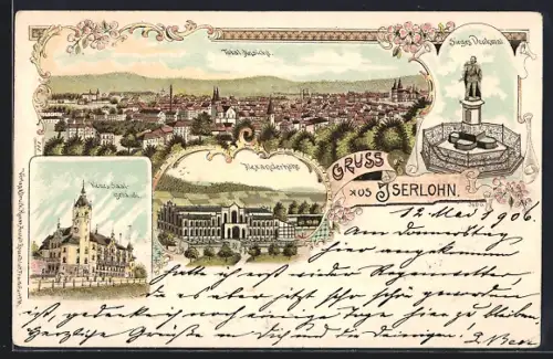 Lithographie Iserlohn, Alexanderhöhe, Siegesdenkmal und neues Saalgebäude